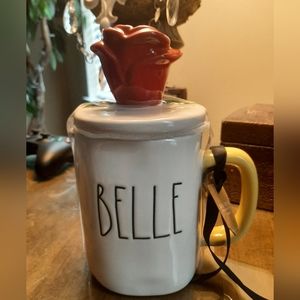 Rae Dunn Princess Belle Beauty & the Beast Mug With Rose Topper New with tags